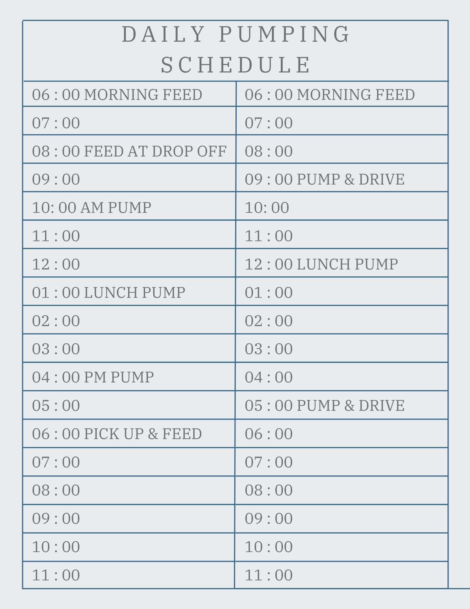 2 pumping schedule options, on one side is a more traditional schedule with options every 2-3 hours and feeding at drop off and pick up. The left has a less ideal schedule requiring pumping in the car and only a lunch break pumping session.