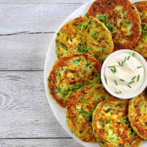 kohlrabi cakes with sour cream and dill dipping sauce
