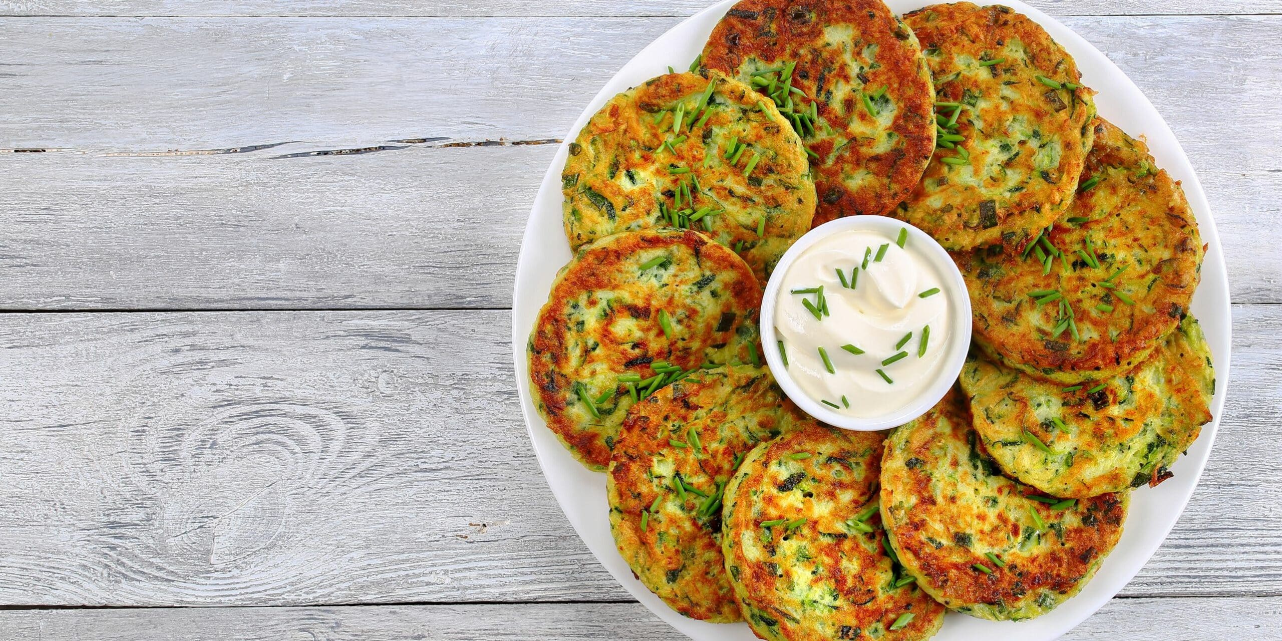 kohlrabi cakes with sour cream and dill dipping sauce