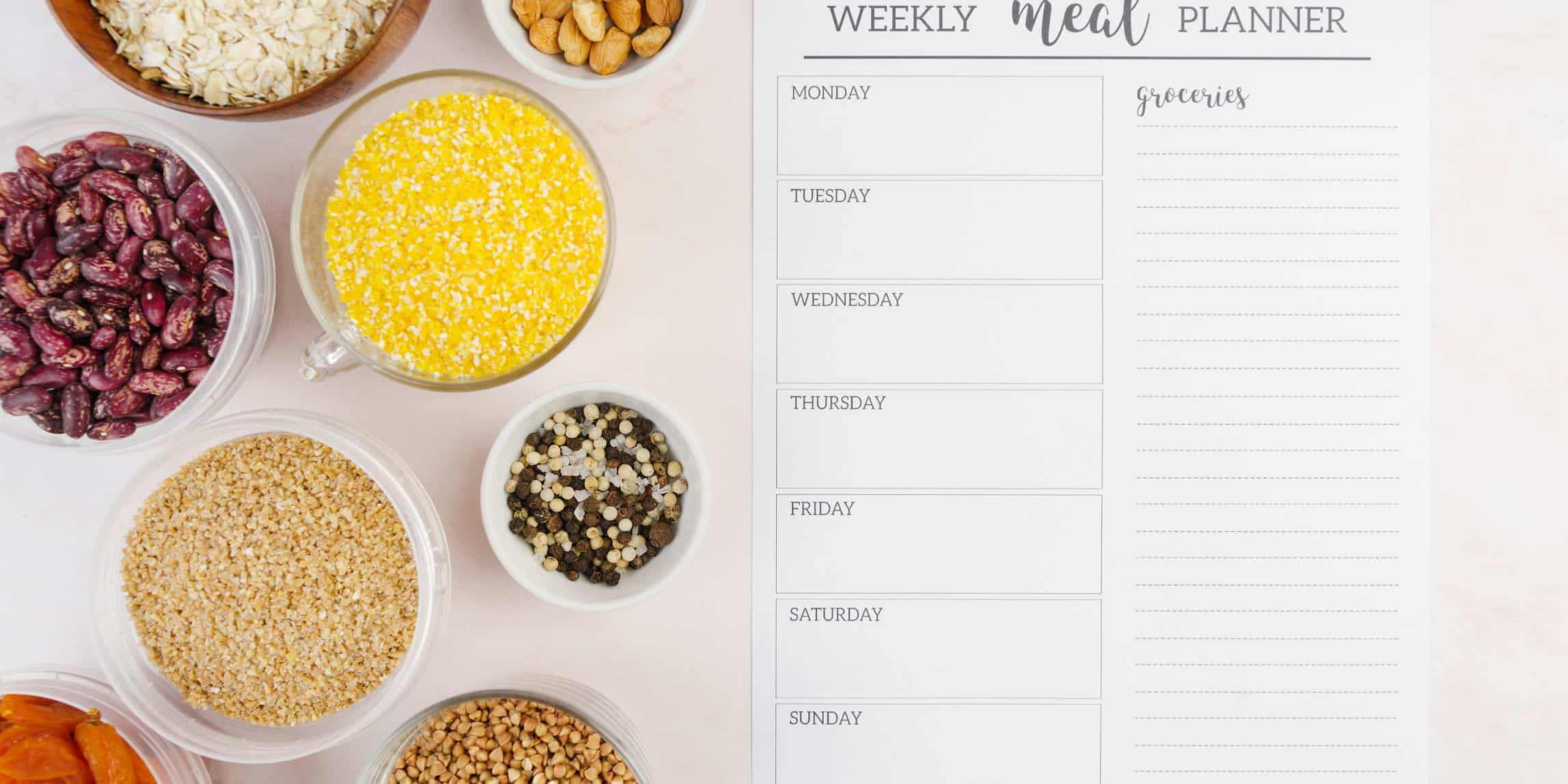 foods on the left with a meal planner and grocery list showing a meal snack schedule
