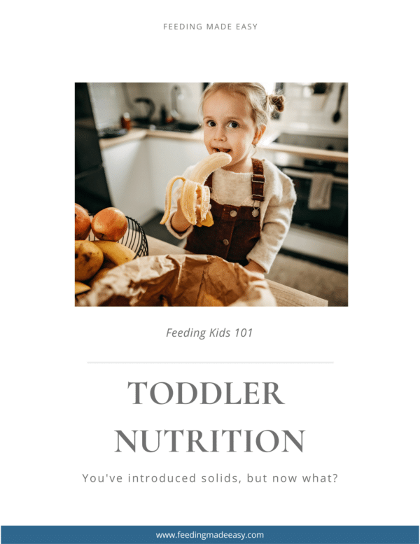 cover of toddler nutrition ebook. Child eating a banana with toddler nutrition title